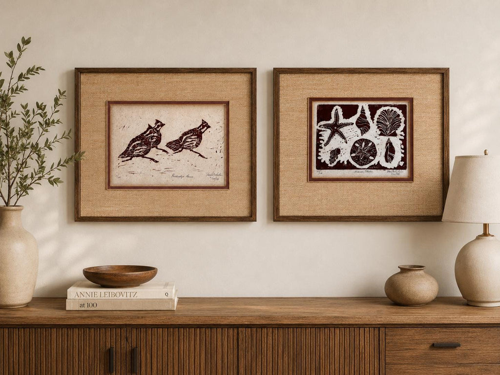 Partridge Panic & Kiawah Shells | 1978 Vintage Signed Block Prints Pair