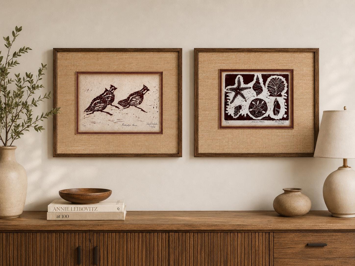 Partridge Panic & Kiawah Shells | 1978 Vintage Signed Block Prints Pair