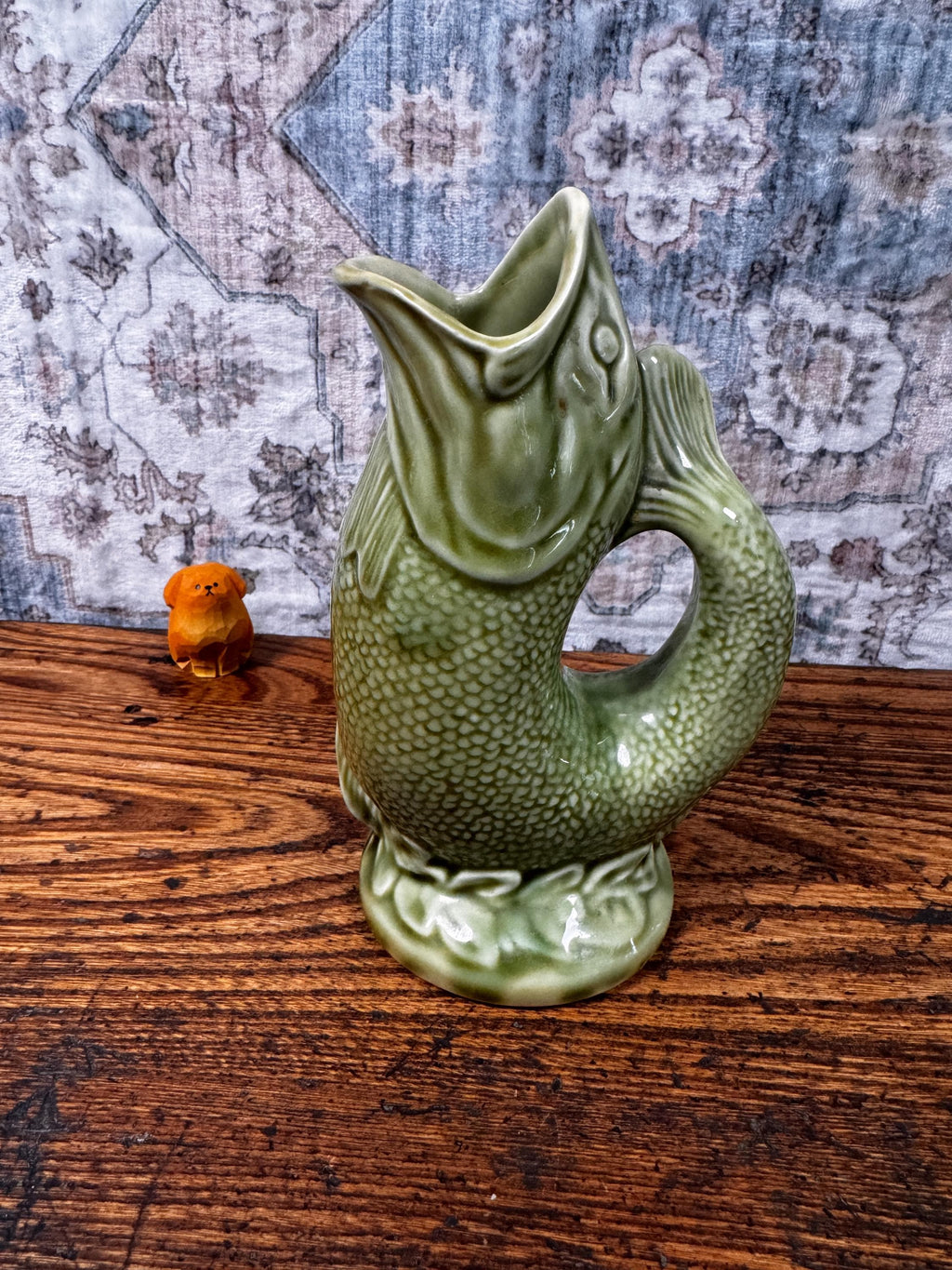 Staffordshire Green Fish Jug Pitcher | Vintage English Pottery