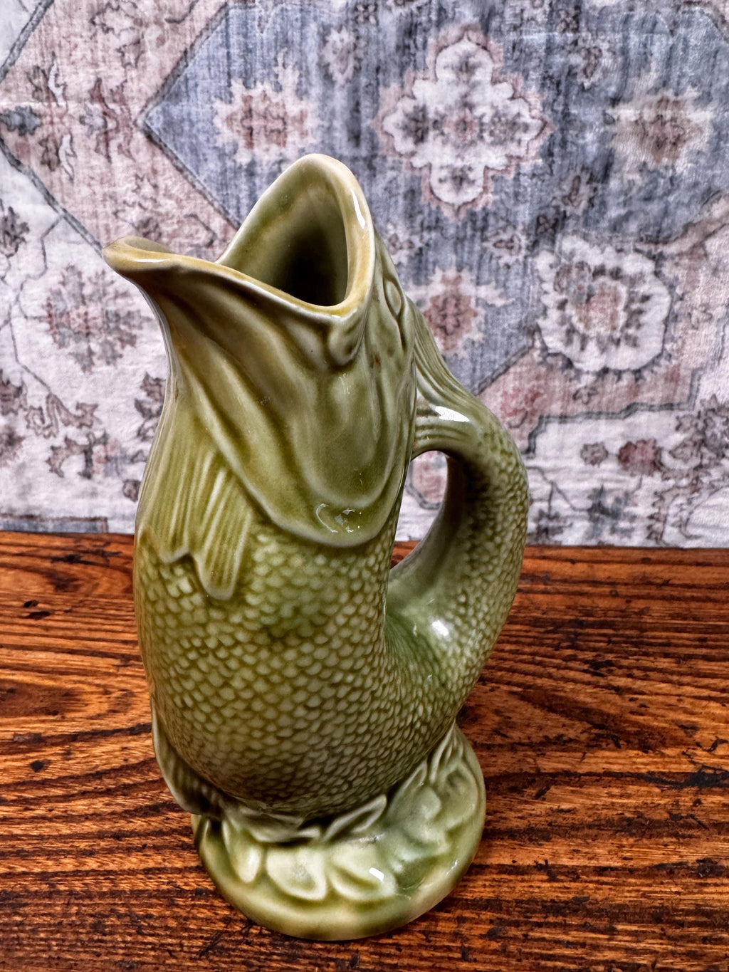Staffordshire Green Fish Jug Pitcher | Vintage English Pottery