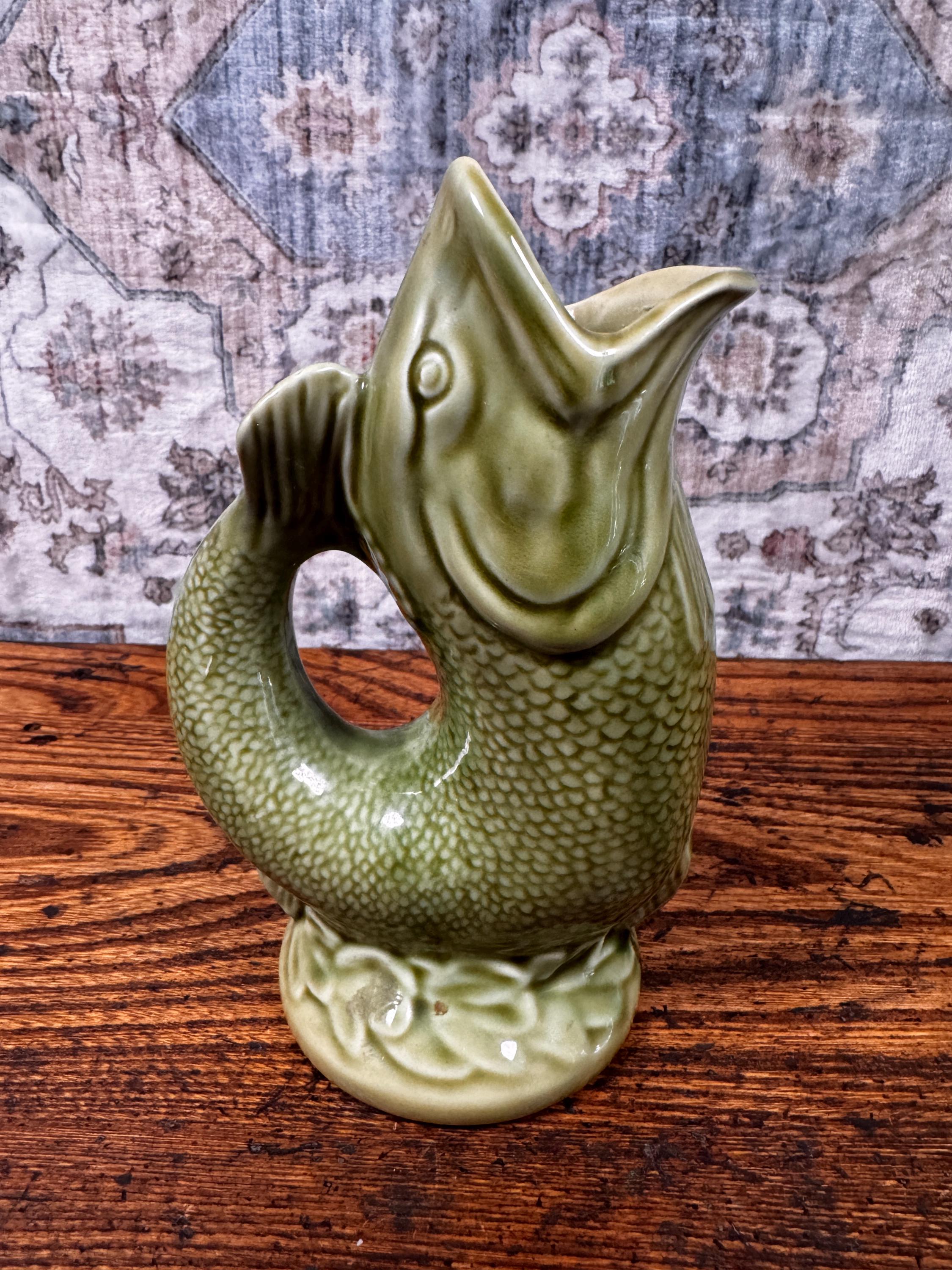 Staffordshire Green Fish Jug Pitcher | Vintage English Pottery