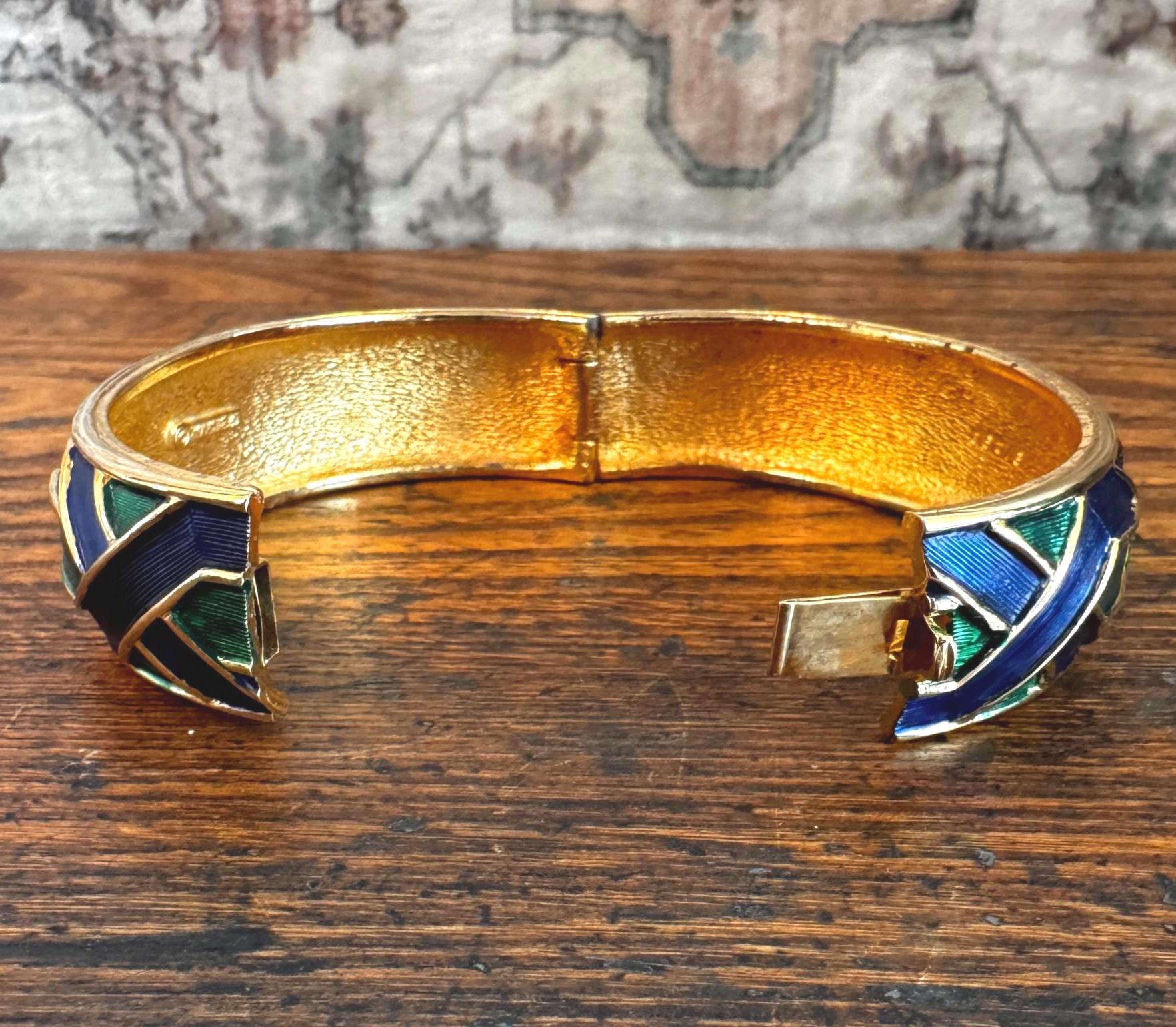 Vintage Boucher Green Blue Enamel Hinged Bangle Bracelet