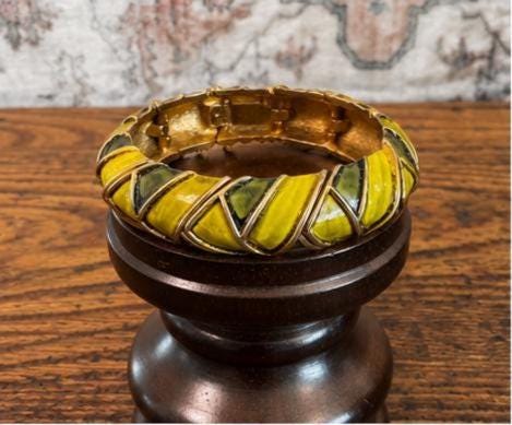 Green Enamel Gold Tone Hinged Bracelet with Geometric Panels