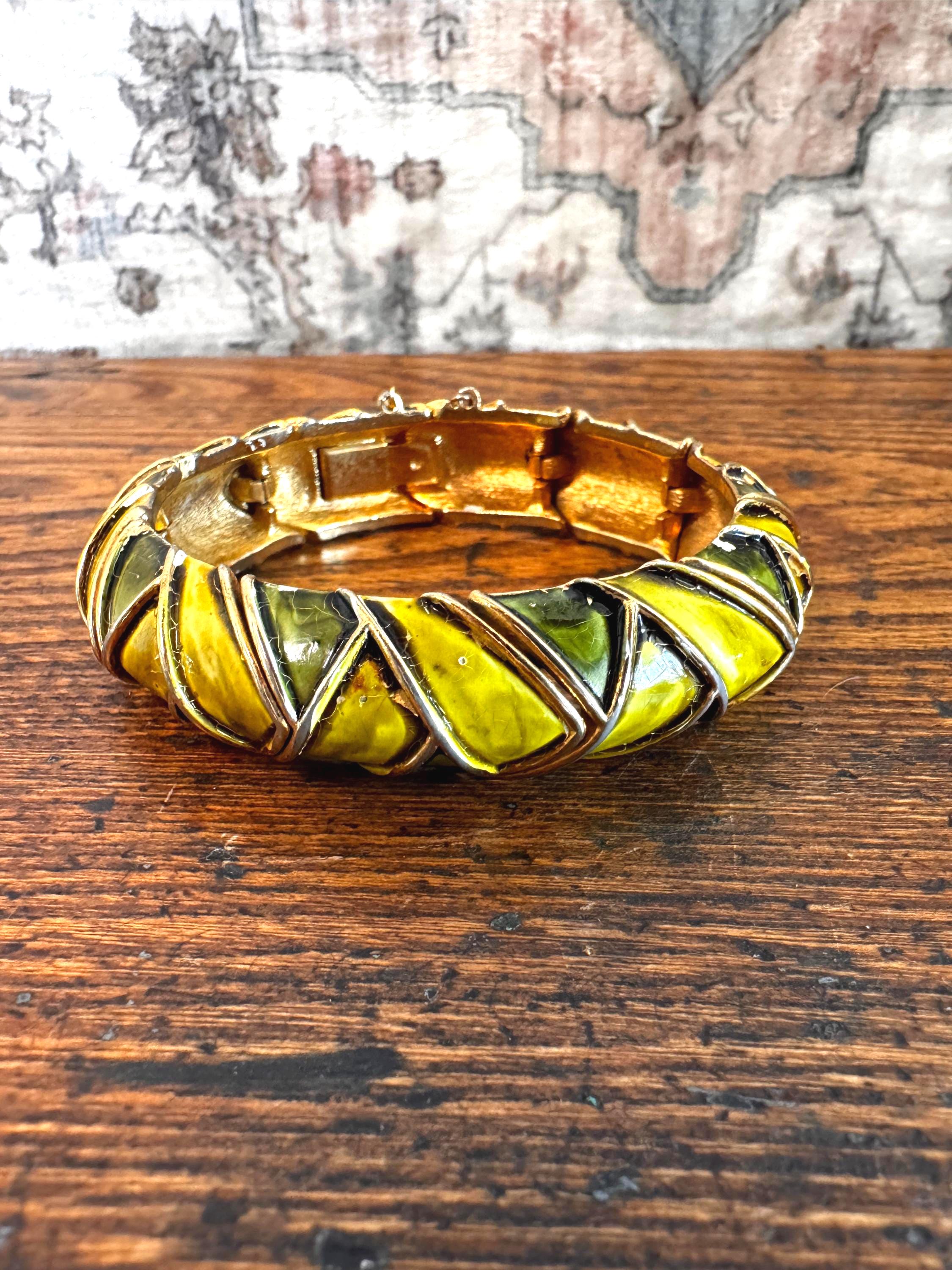 Vintage Green Enamel Gold Tone Hinged Bracelet with Geometric Panels