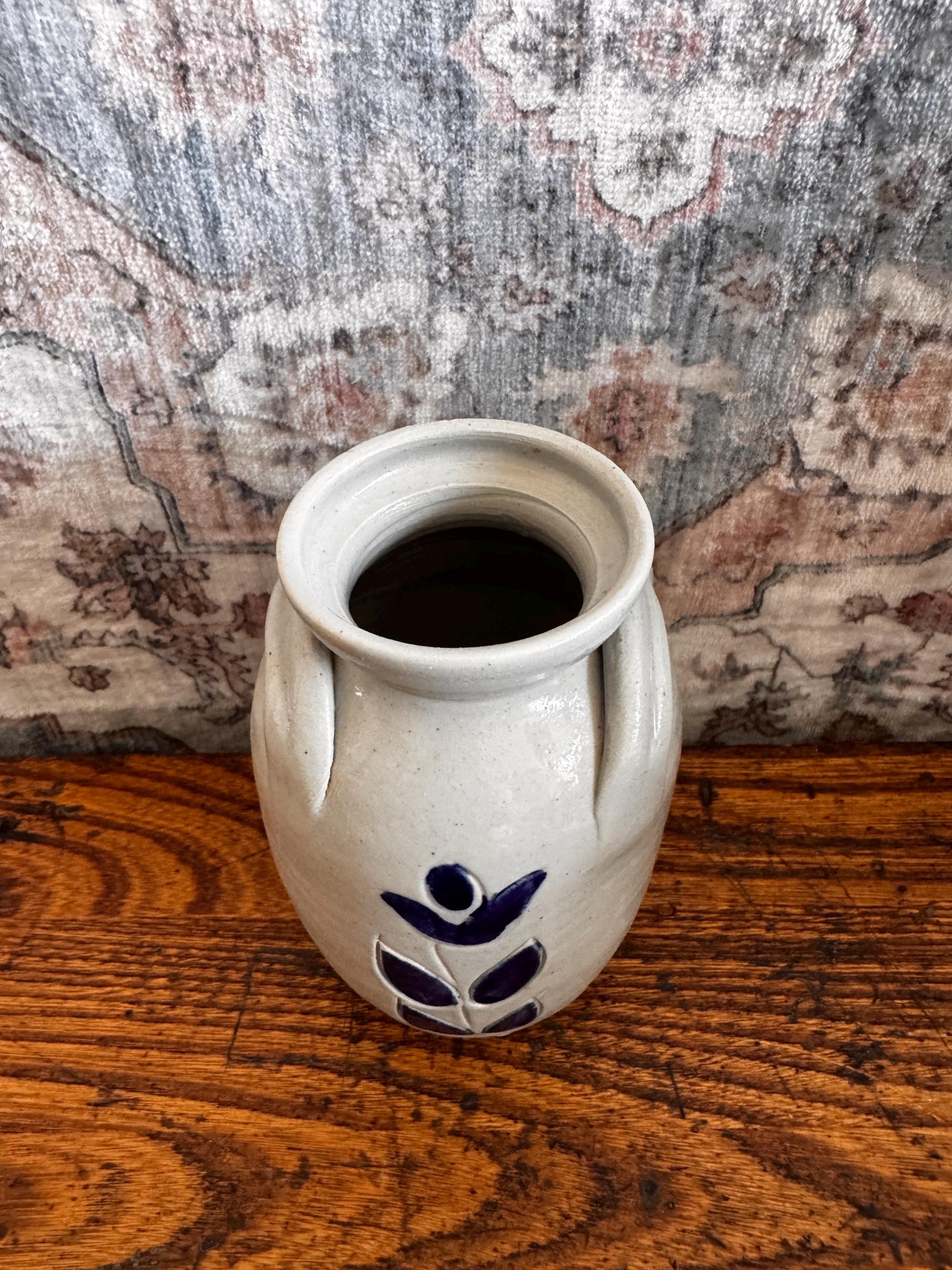 Vintage Williamsburg Pottery Salt Glazed Cobalt Floral Jug