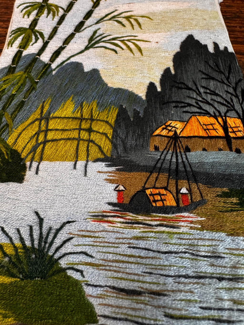Hand-Embroidered Landscape Textile Art with Bamboo and River Scene