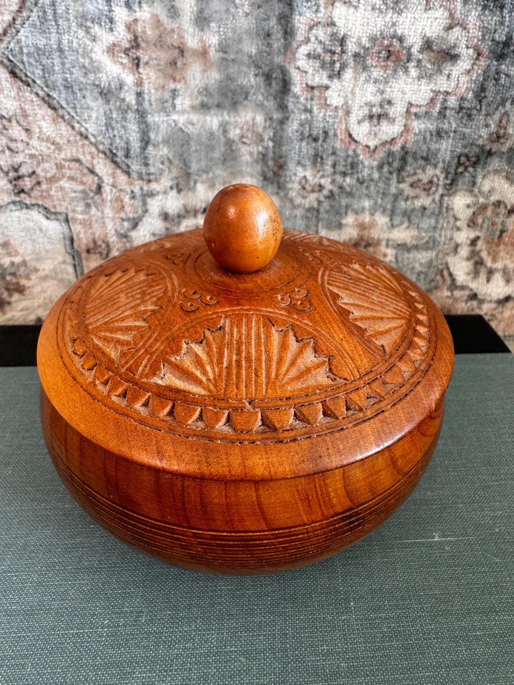 Hand-Carved Wooden Lidded Bowl with Decorative Lid