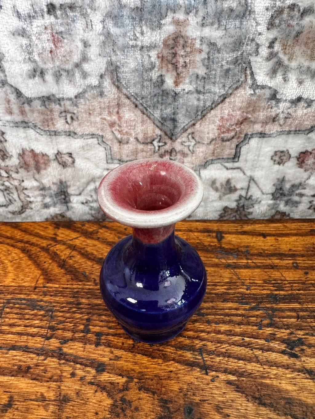 Small Blue and Pink Glazed Ceramic Vase