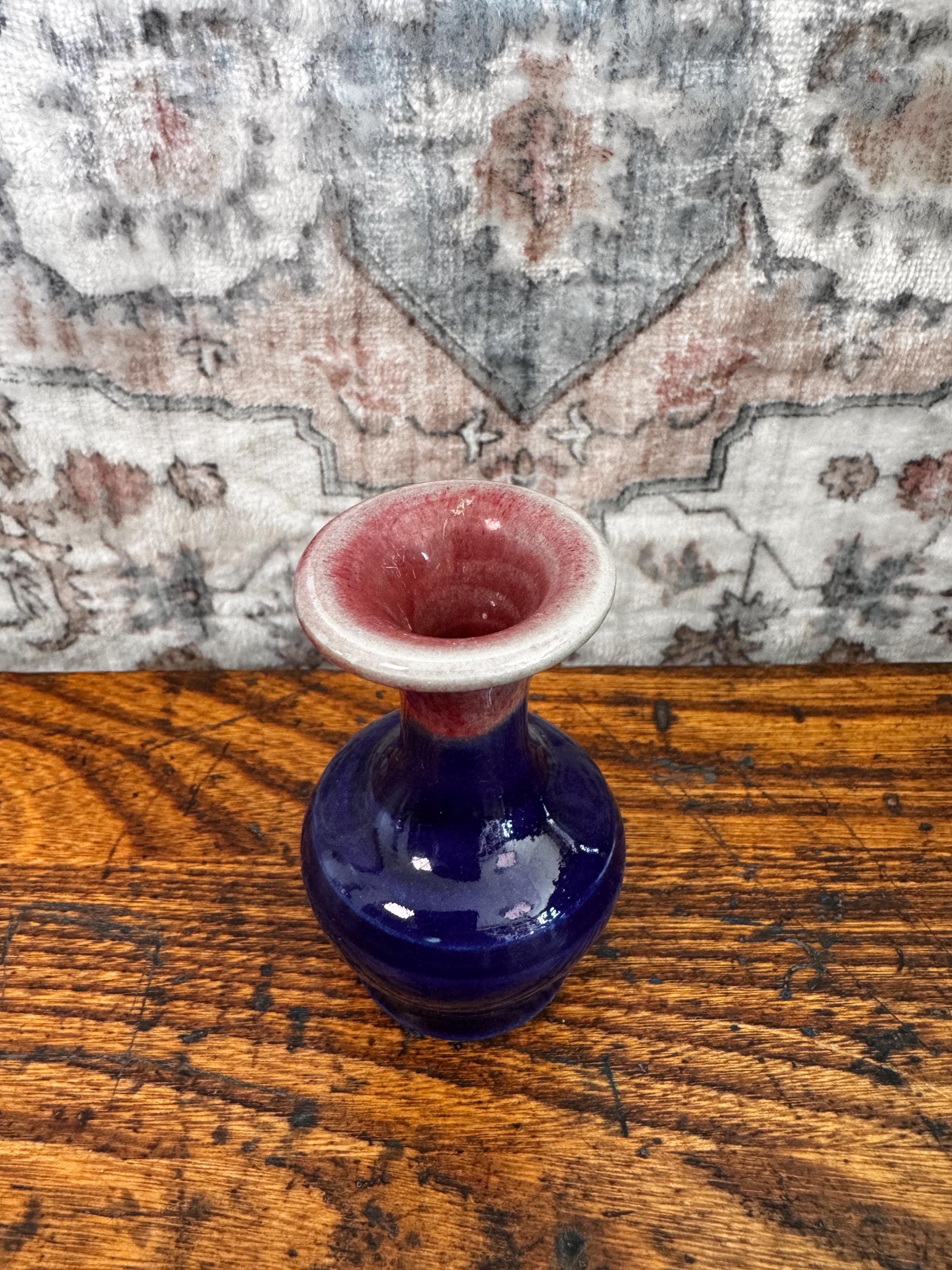 Small Blue and Pink Glazed Ceramic Vase