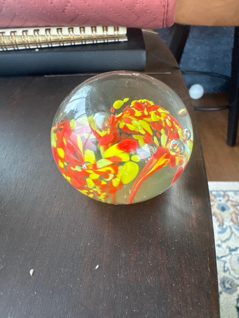 Vintage Glass Paperweight with Red and Yellow Floral Design