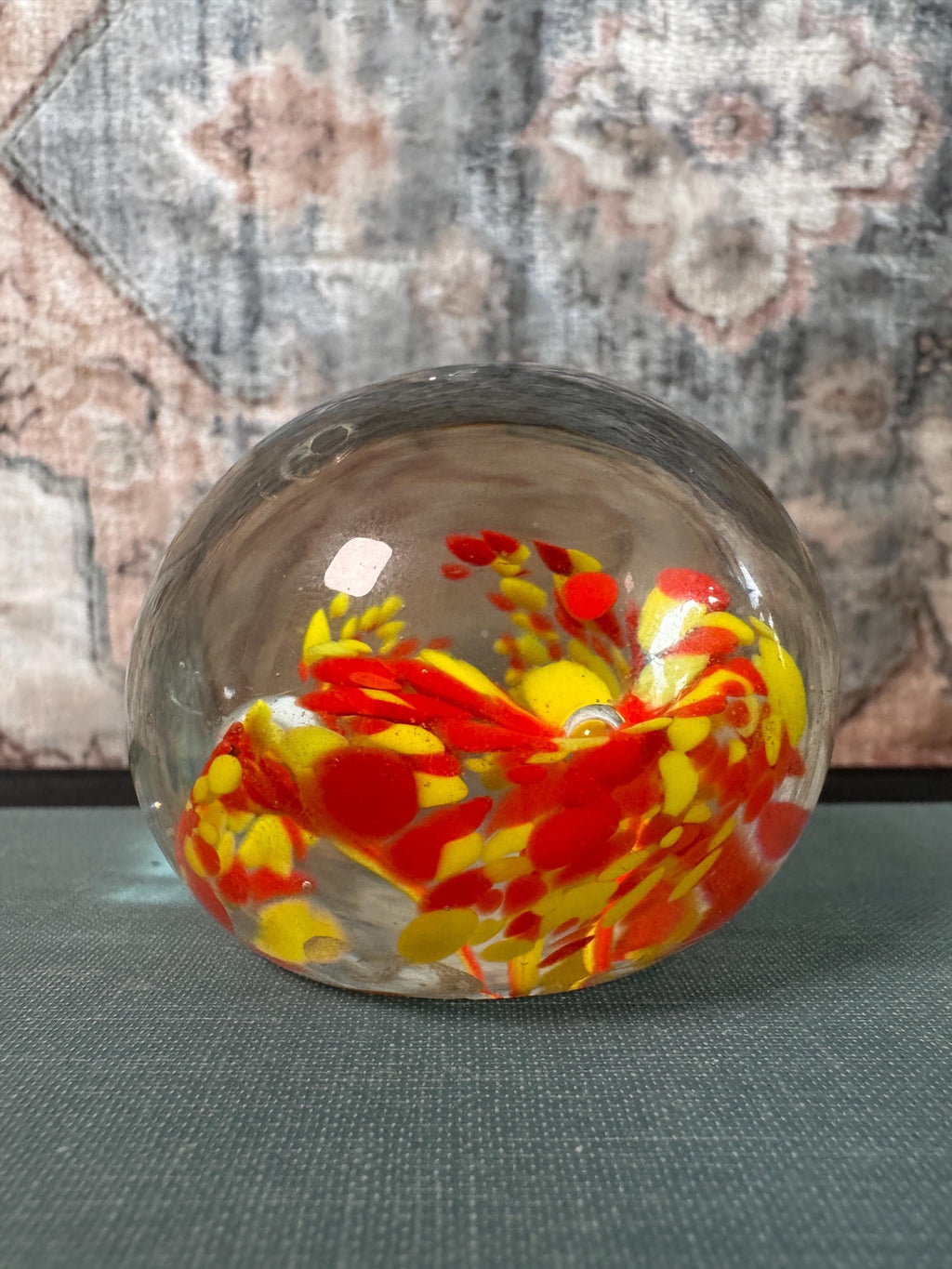 Vintage Glass Paperweight with Red and Yellow Floral Design