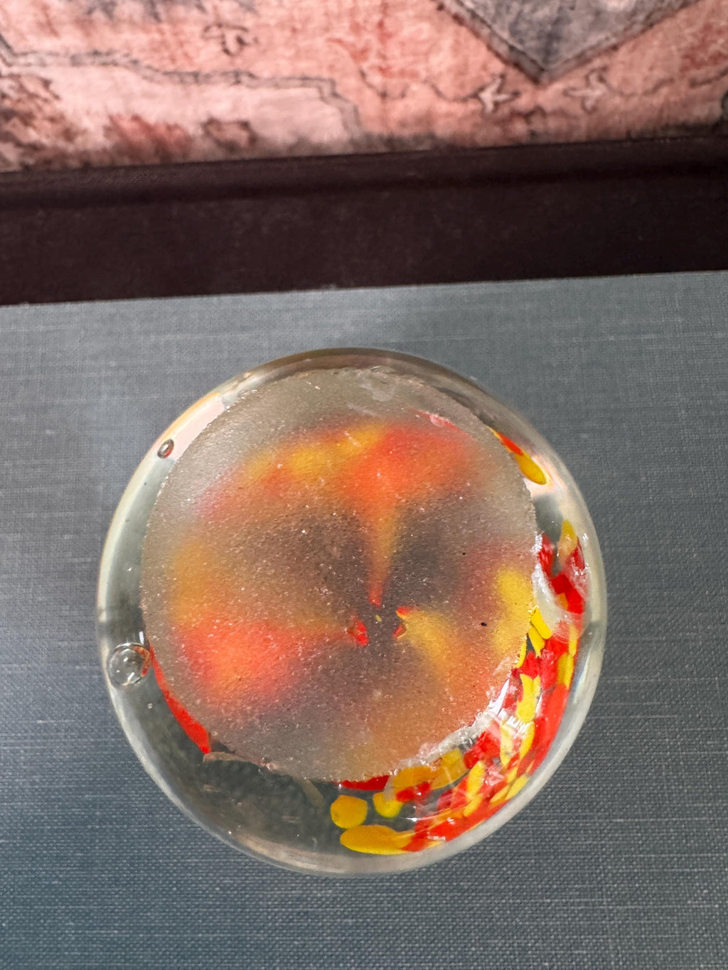 Vintage Glass Paperweight with Red and Yellow Floral Design