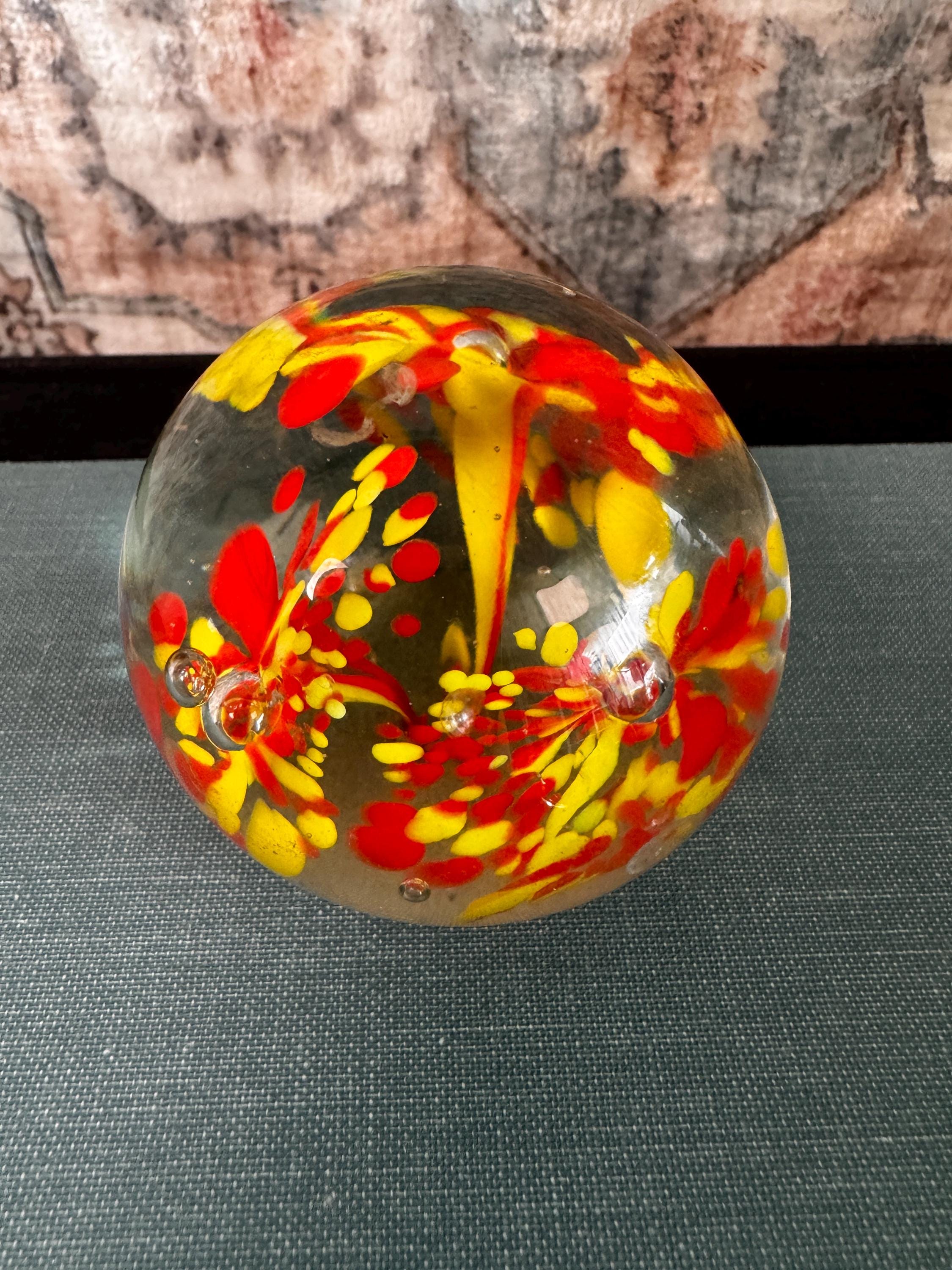 Vintage Glass Paperweight with Red and Yellow Floral Design