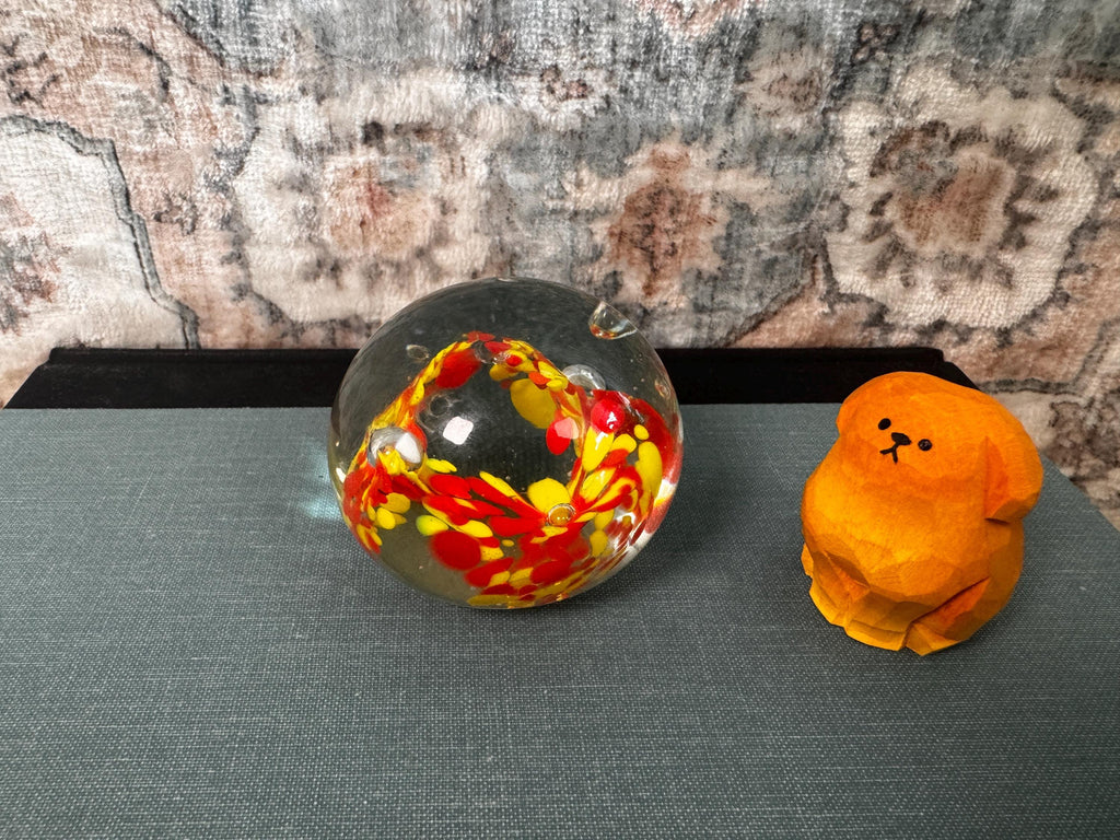 Vintage Glass Paperweight with Red and Yellow Floral Design