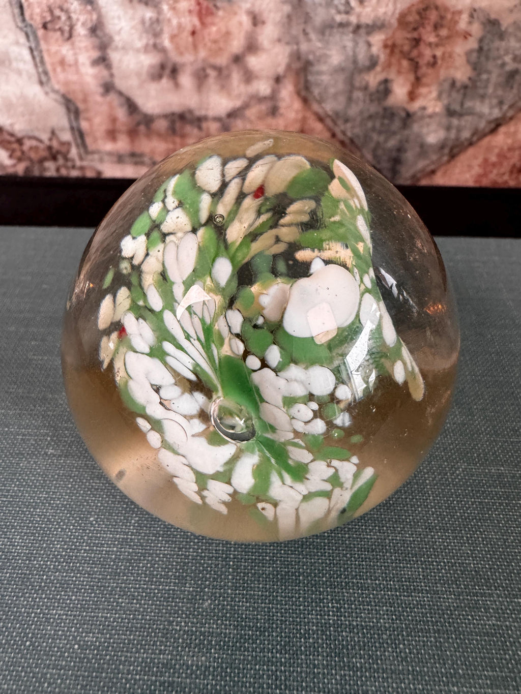 Vintage Glass Paperweight with Green and White Floral Design