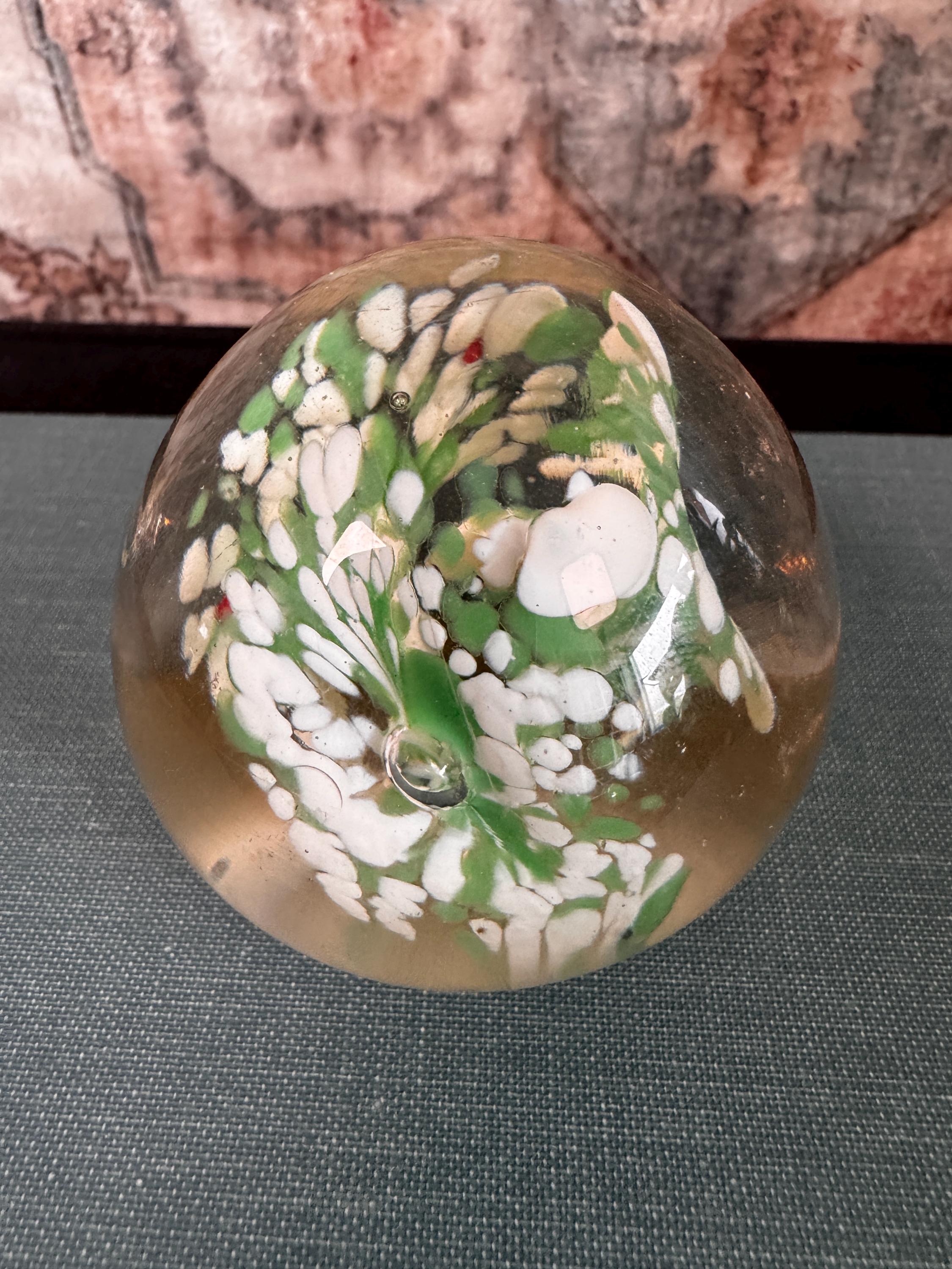 Vintage Glass Paperweight with Green and White Floral Design