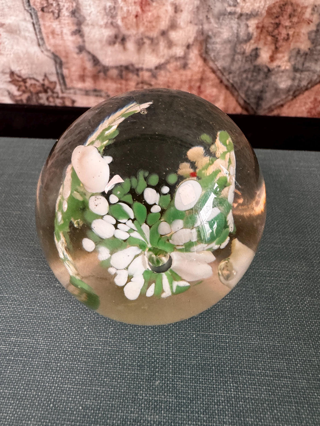 Vintage Glass Paperweight with Green and White Floral Design