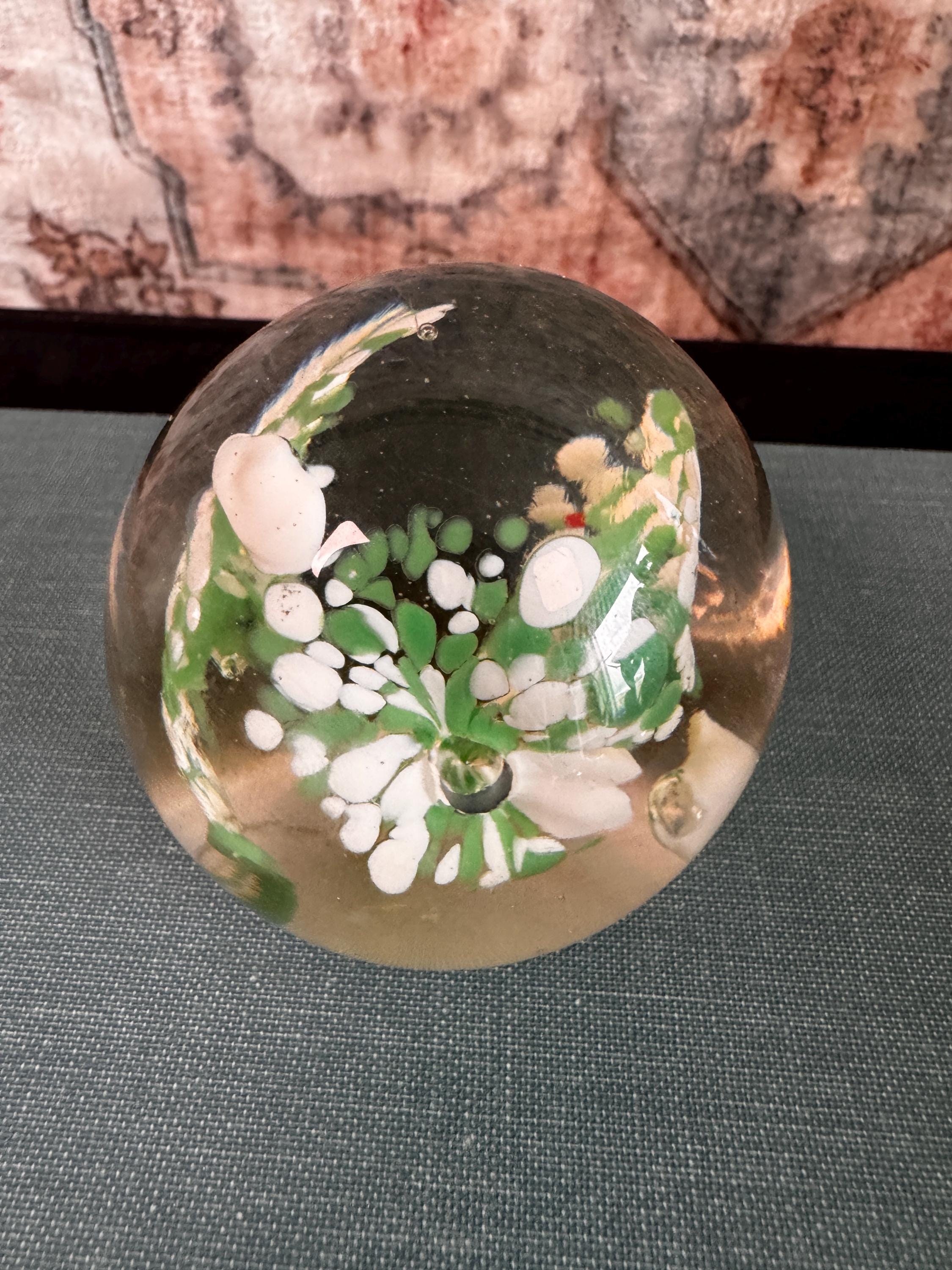 Vintage Glass Paperweight with Green and White Floral Design