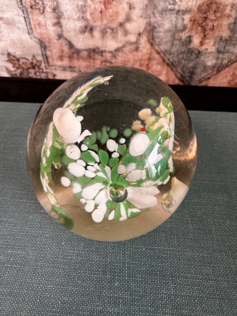 Vintage Glass Paperweight with Green and White Floral Design