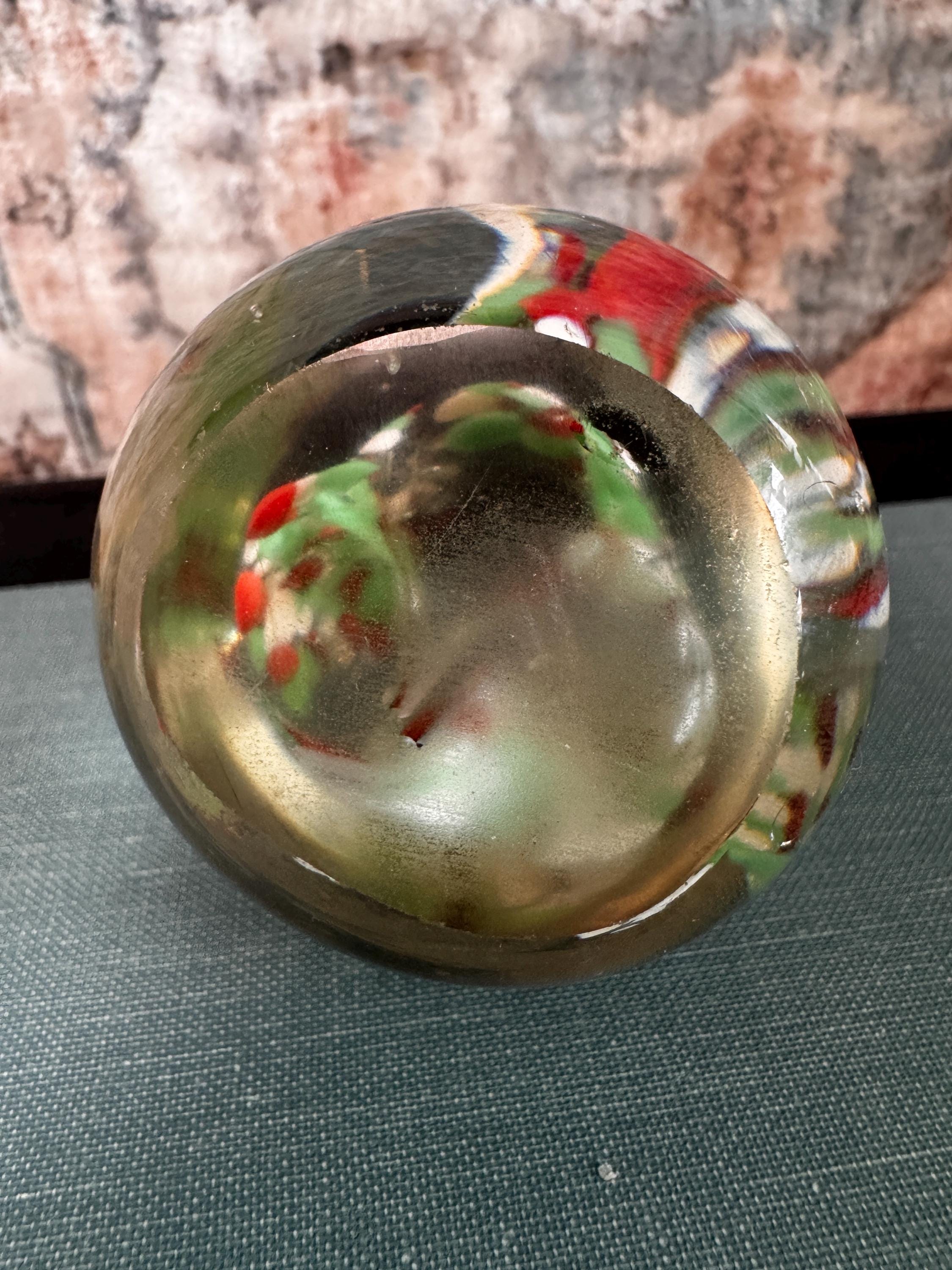 Vintage Glass Paperweight with Red, Green, and White Inclusions