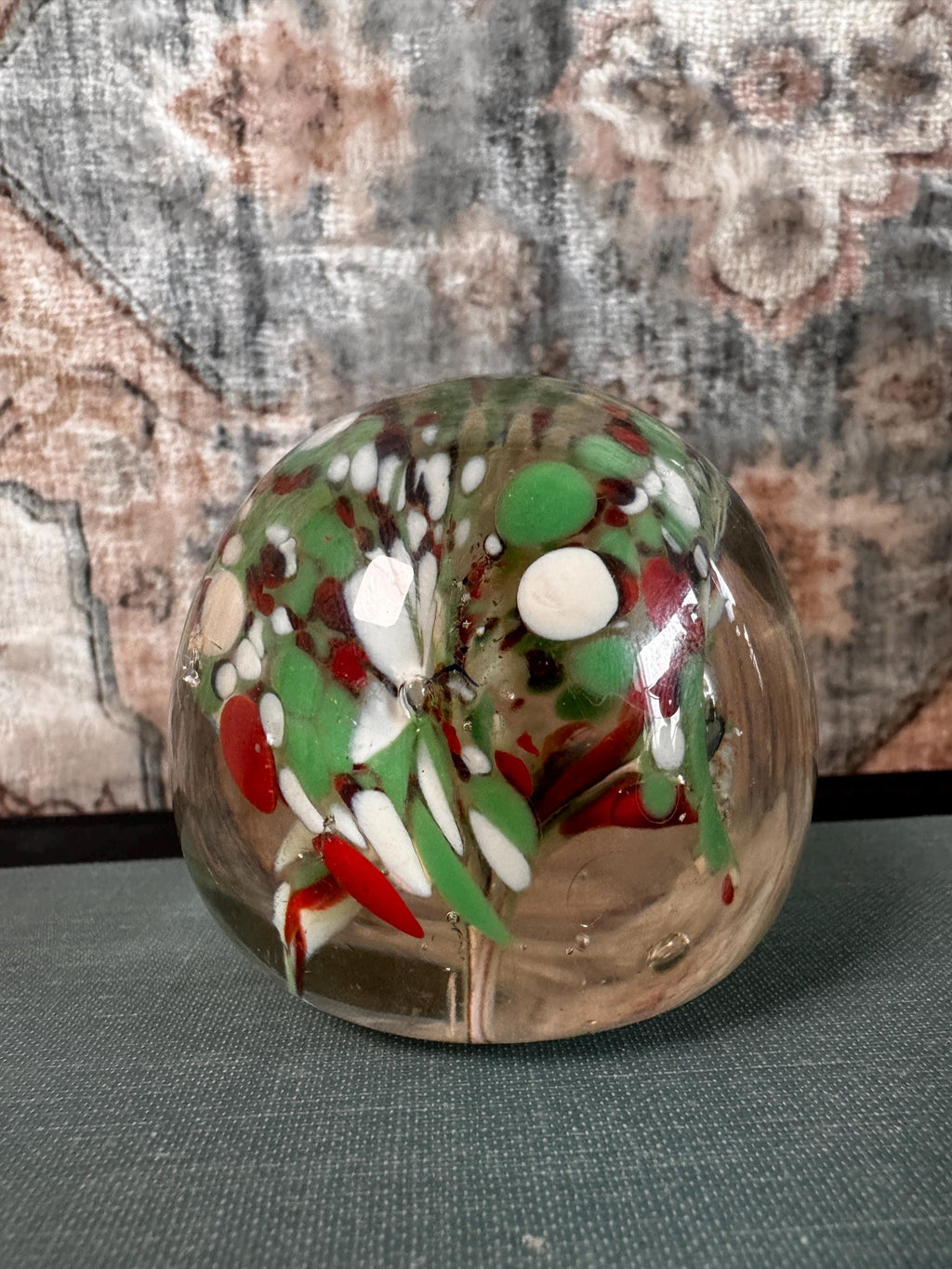 Vintage Glass Paperweight with Red, Green, and White Inclusions
