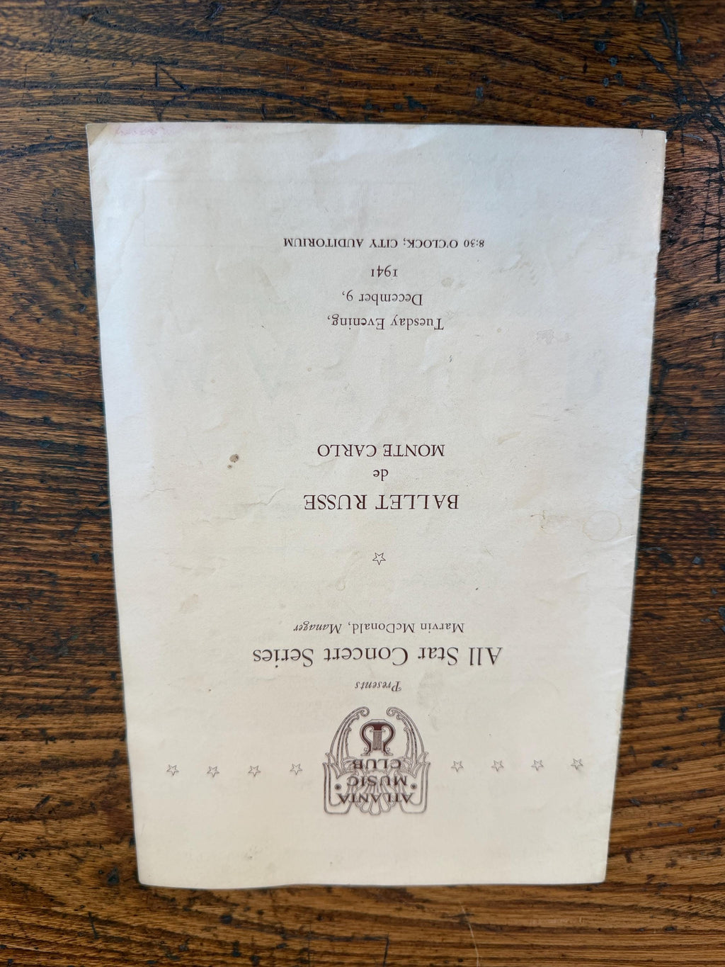 1941 All Star Concert Series Program Featuring Ballet Russe de Monte Carlo