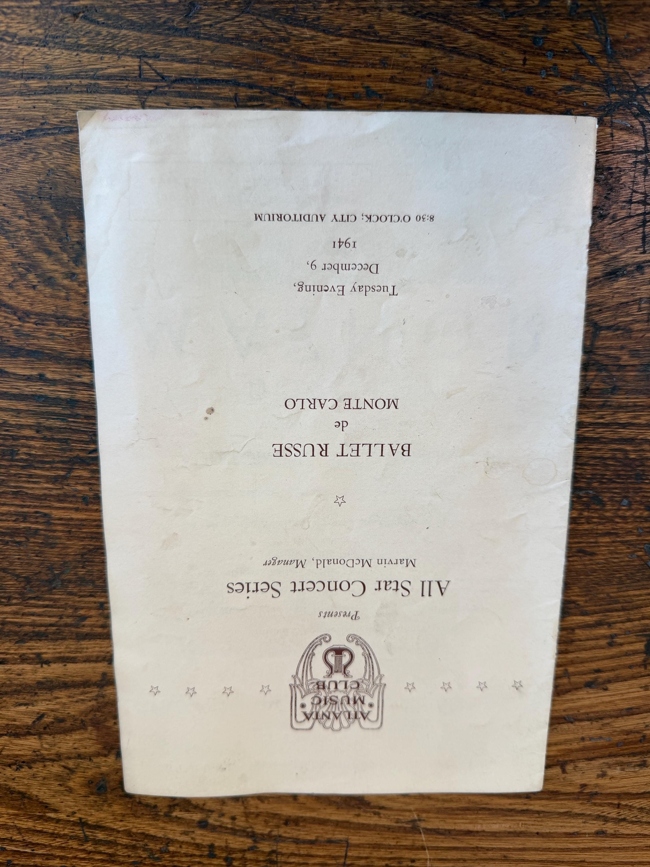 1941 All Star Concert Series Program Featuring Ballet Russe de Monte Carlo