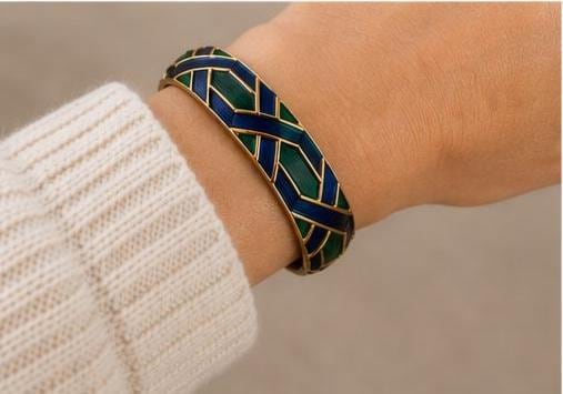 Vintage Boucher Green Blue Enamel Hinged Bangle Bracelet