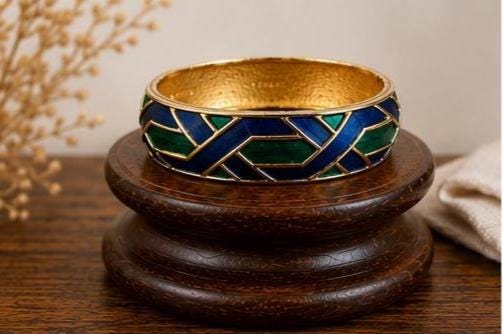 Vintage Boucher Green Blue Enamel Hinged Bangle Bracelet