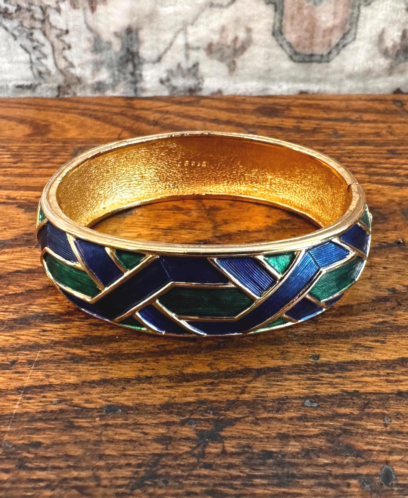 Vintage Boucher Green Blue Enamel Hinged Bangle Bracelet