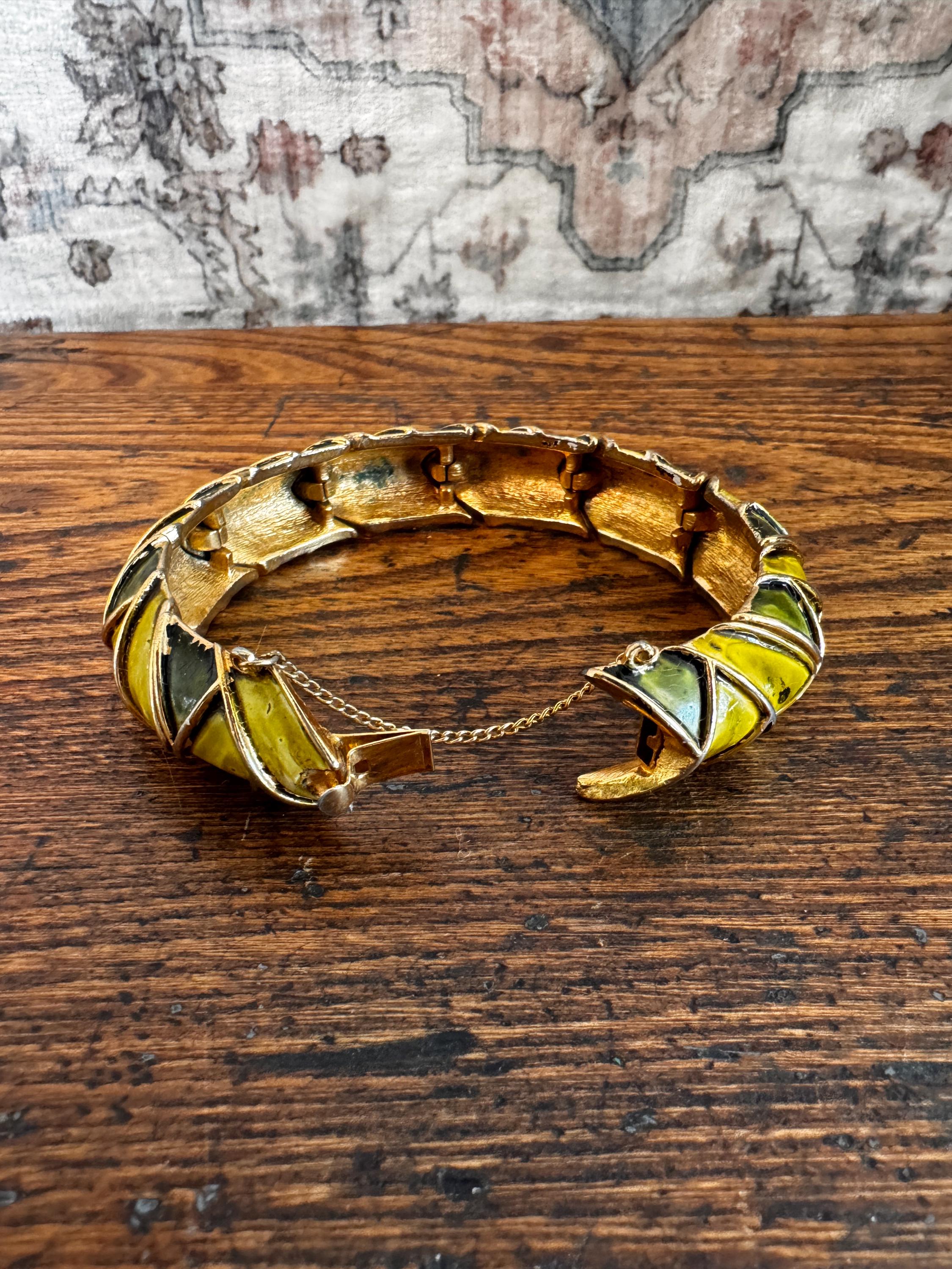 Vintage Green Enamel Gold Tone Hinged Bracelet with Geometric Panels