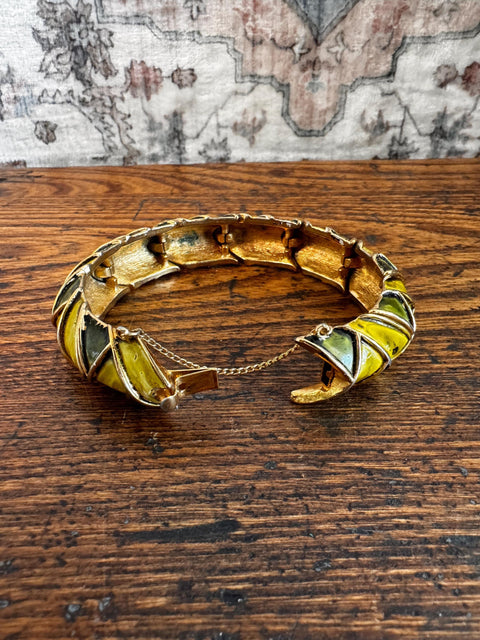Green Enamel Gold Tone Hinged Bracelet with Geometric Panels