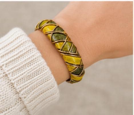 Vintage Green Enamel Gold Tone Hinged Bracelet with Geometric Panels