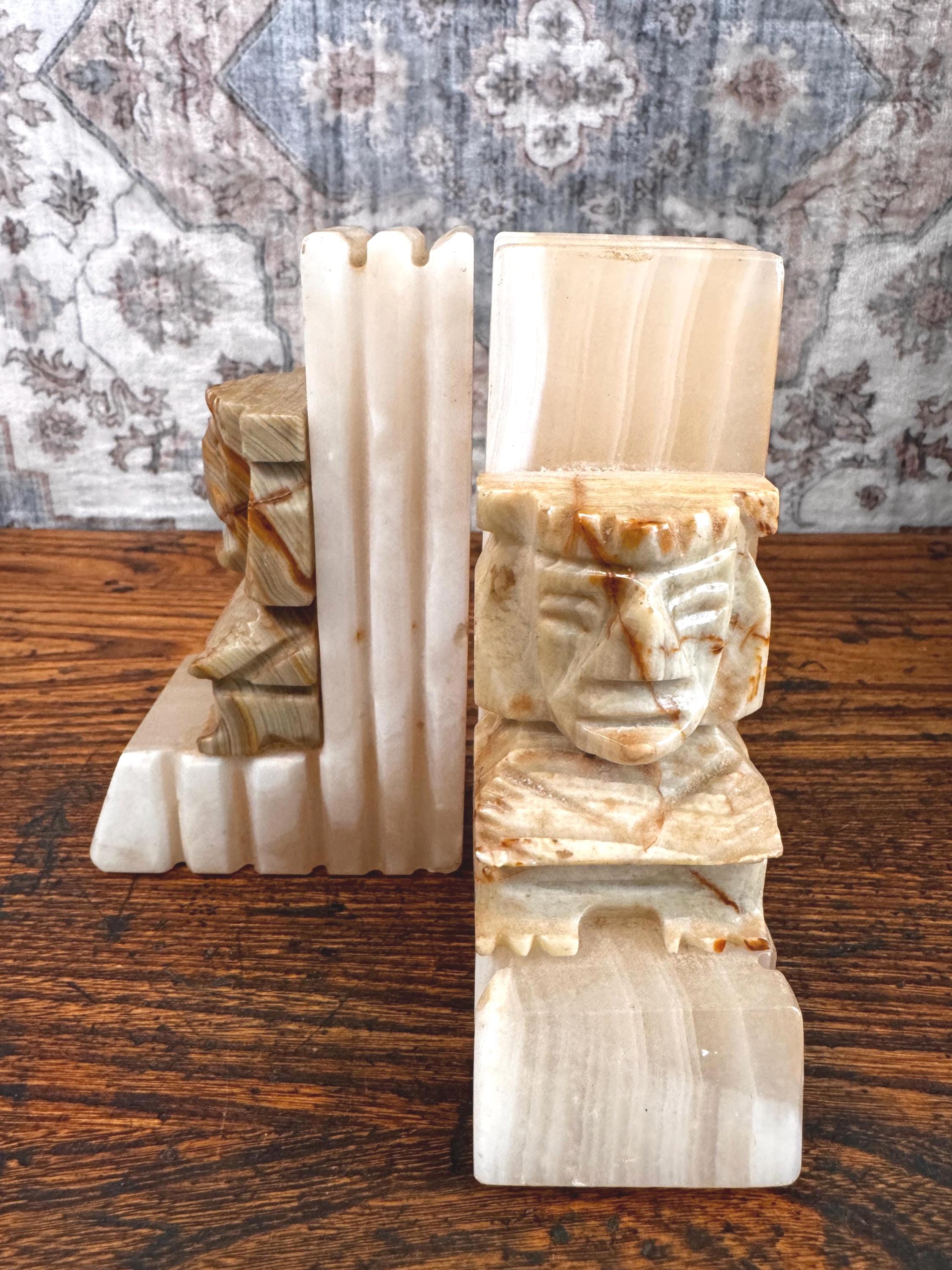 Vintage Carved Onyx Stone Head Bookends