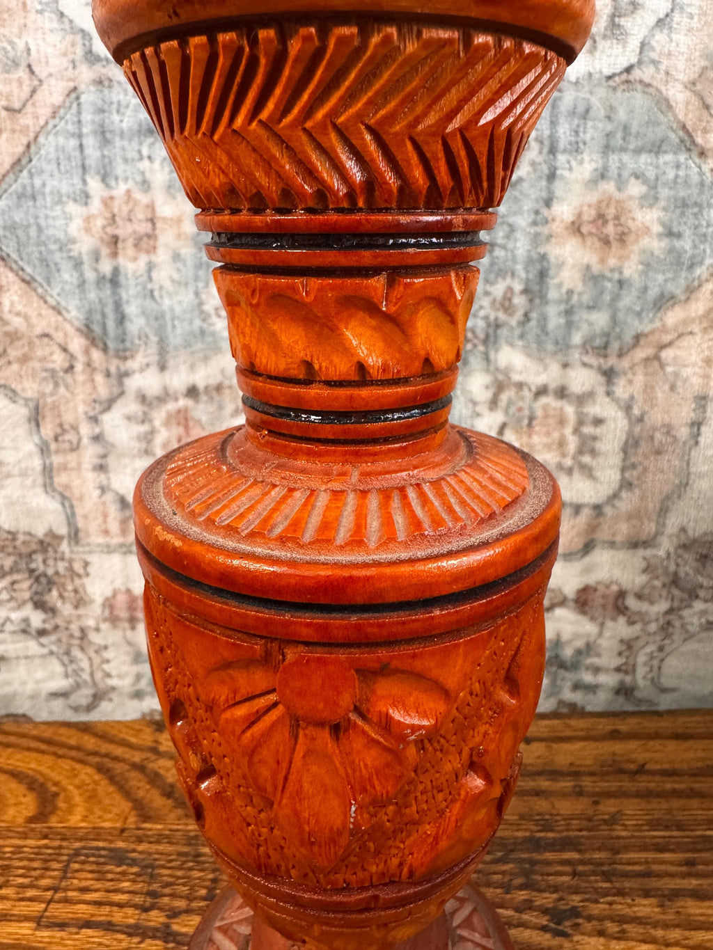Vintage Hand Carved Botanical Wood Vase