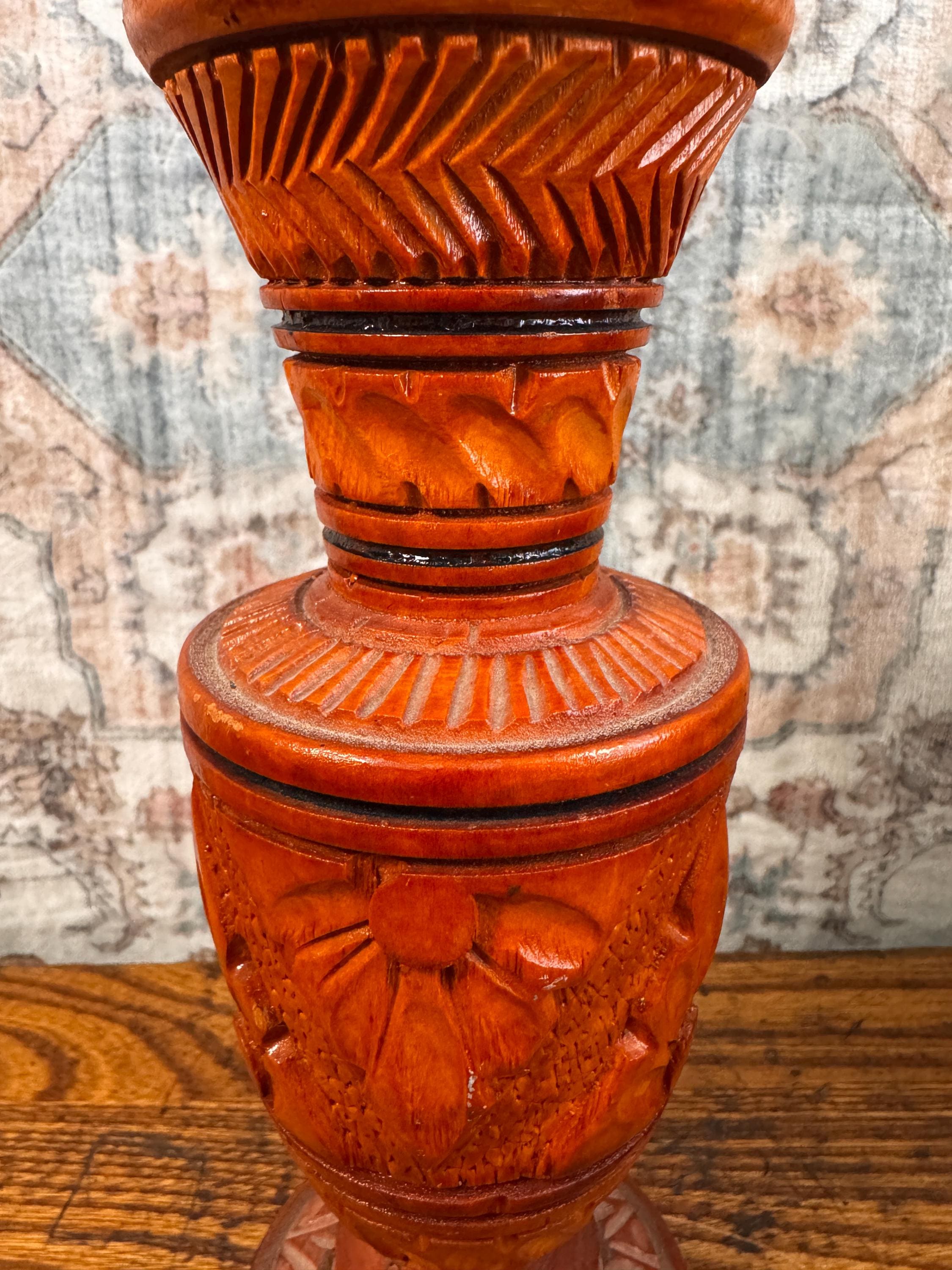 Vintage Hand Carved Botanical Wood Vase