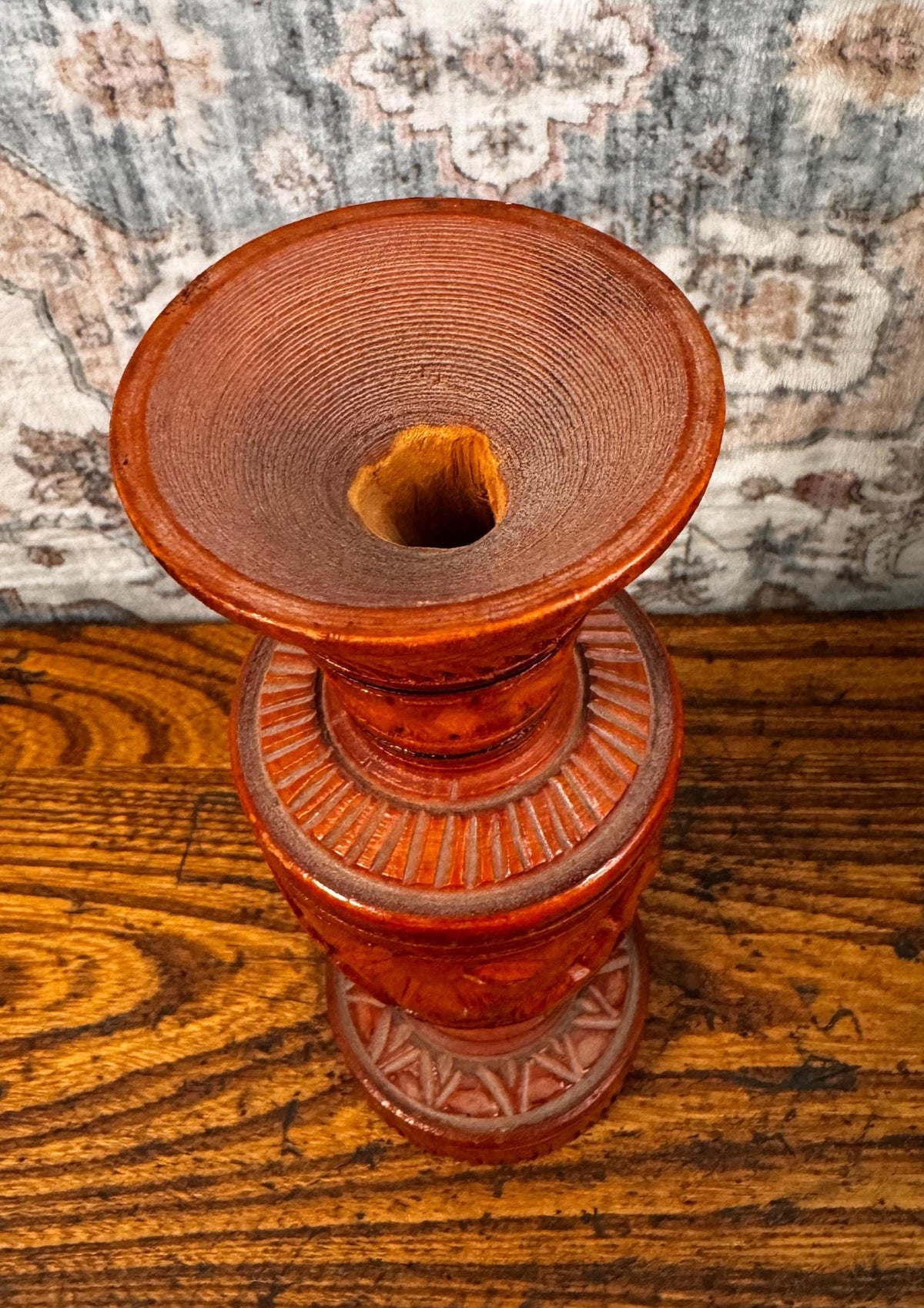Hand Carved Botanical Wood Vase