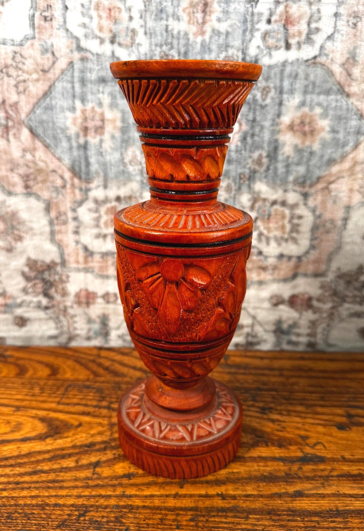 Hand Carved Botanical Wood Vase