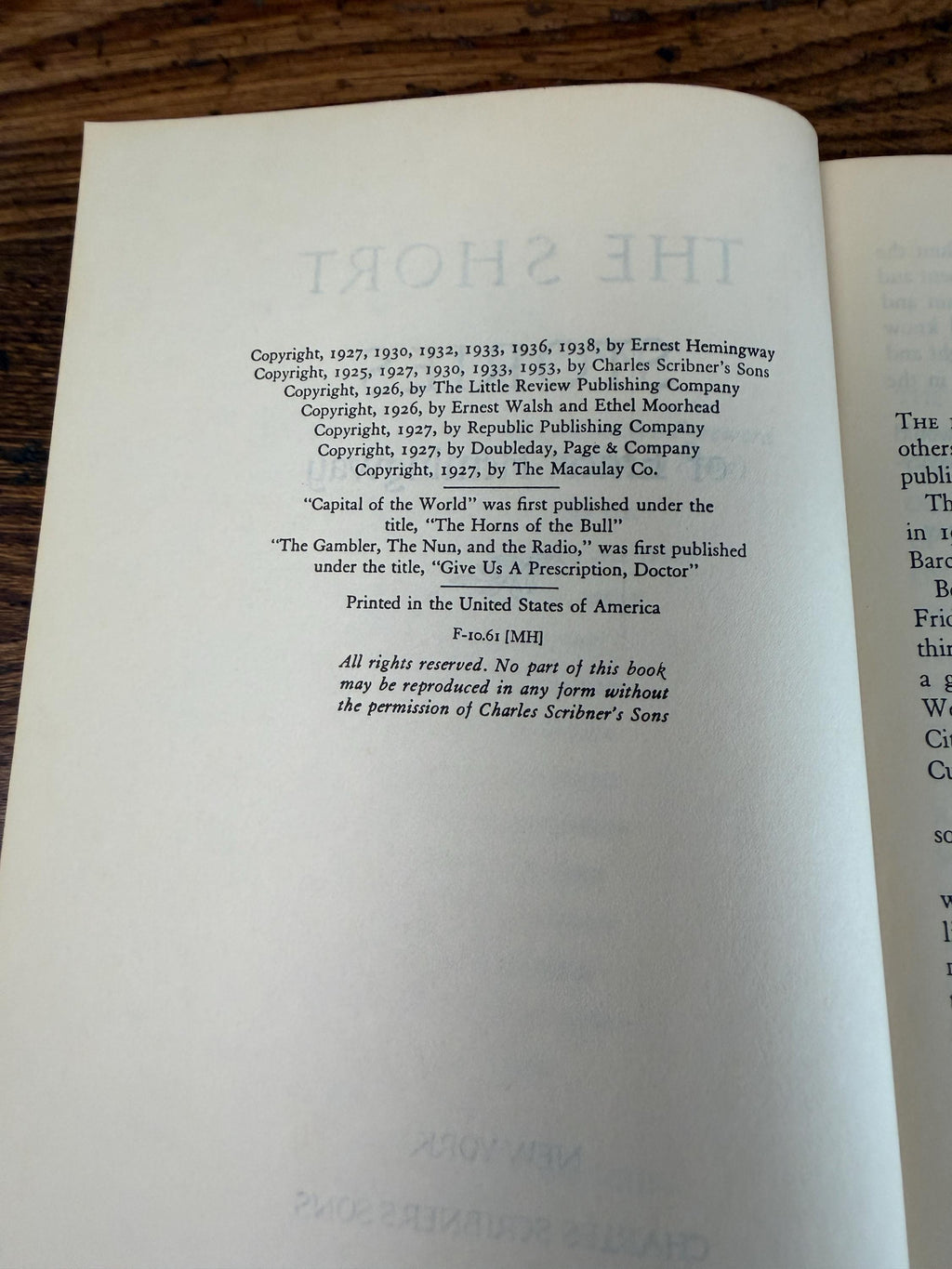 The Short Stories of Hemingway | 1961 Hardcover