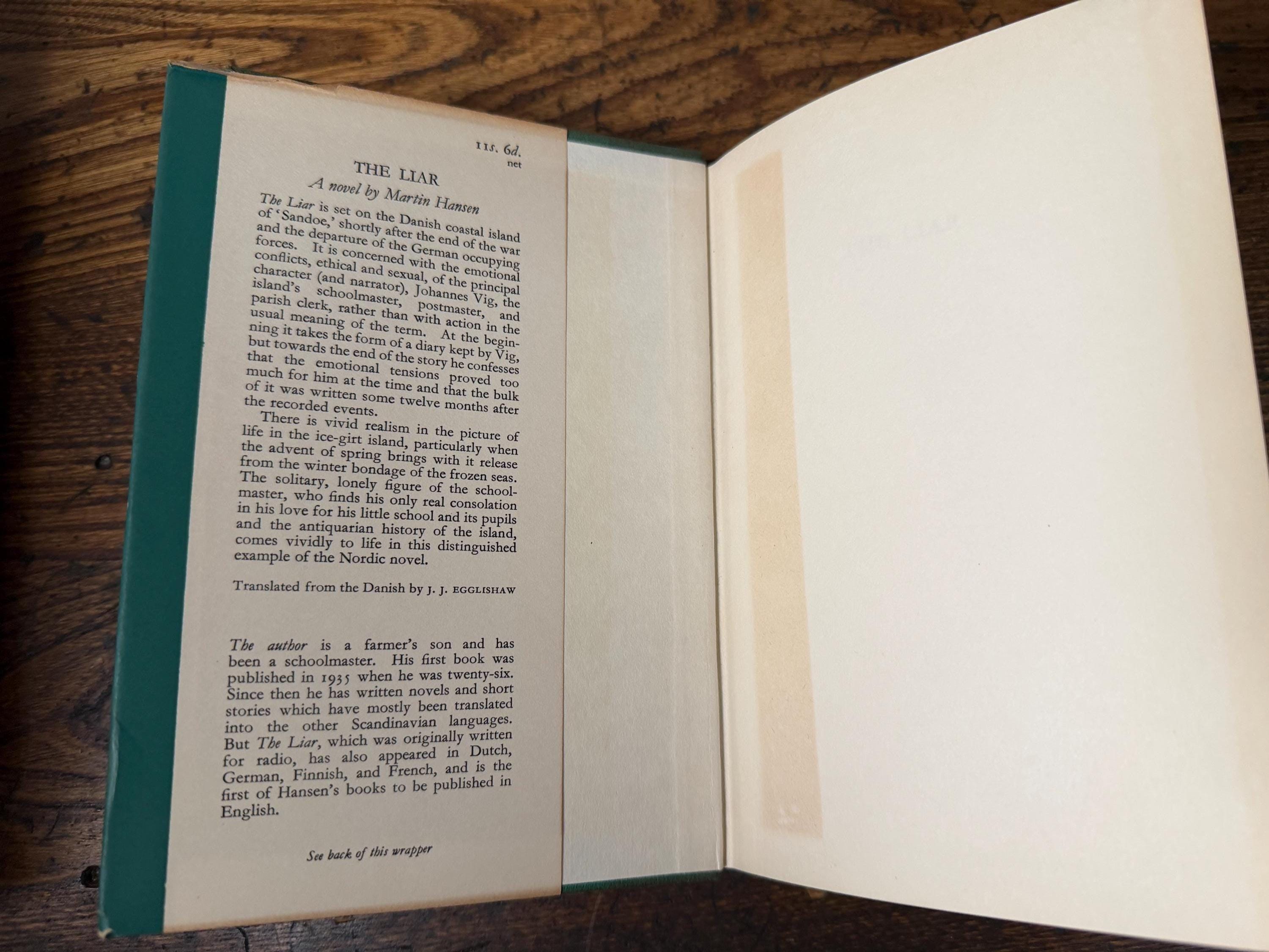 Vintage 1954 The Liar Martin A. Hansen Hardcover Danish Novel in Translation