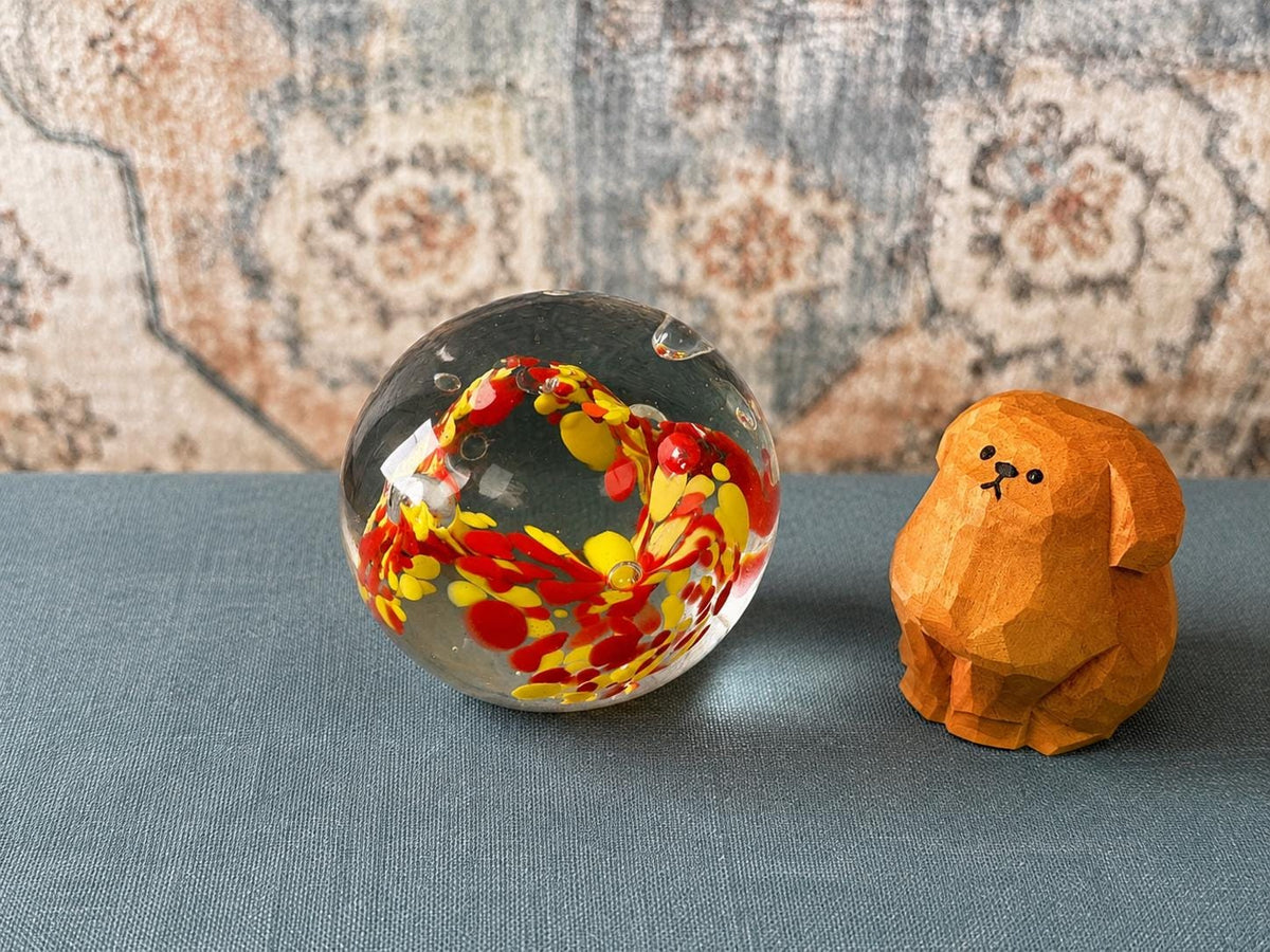 Vintage Glass Paperweight with Red and Yellow Floral Design