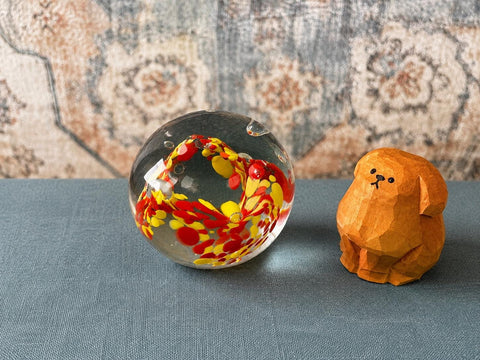 Vintage Glass Paperweight with Red and Yellow Floral Design