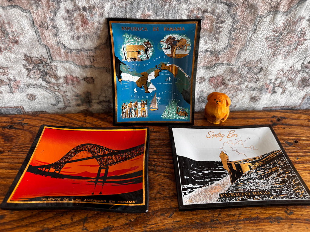 Set of 3 Scenic Glass Plates from Panama and Puerto Rico