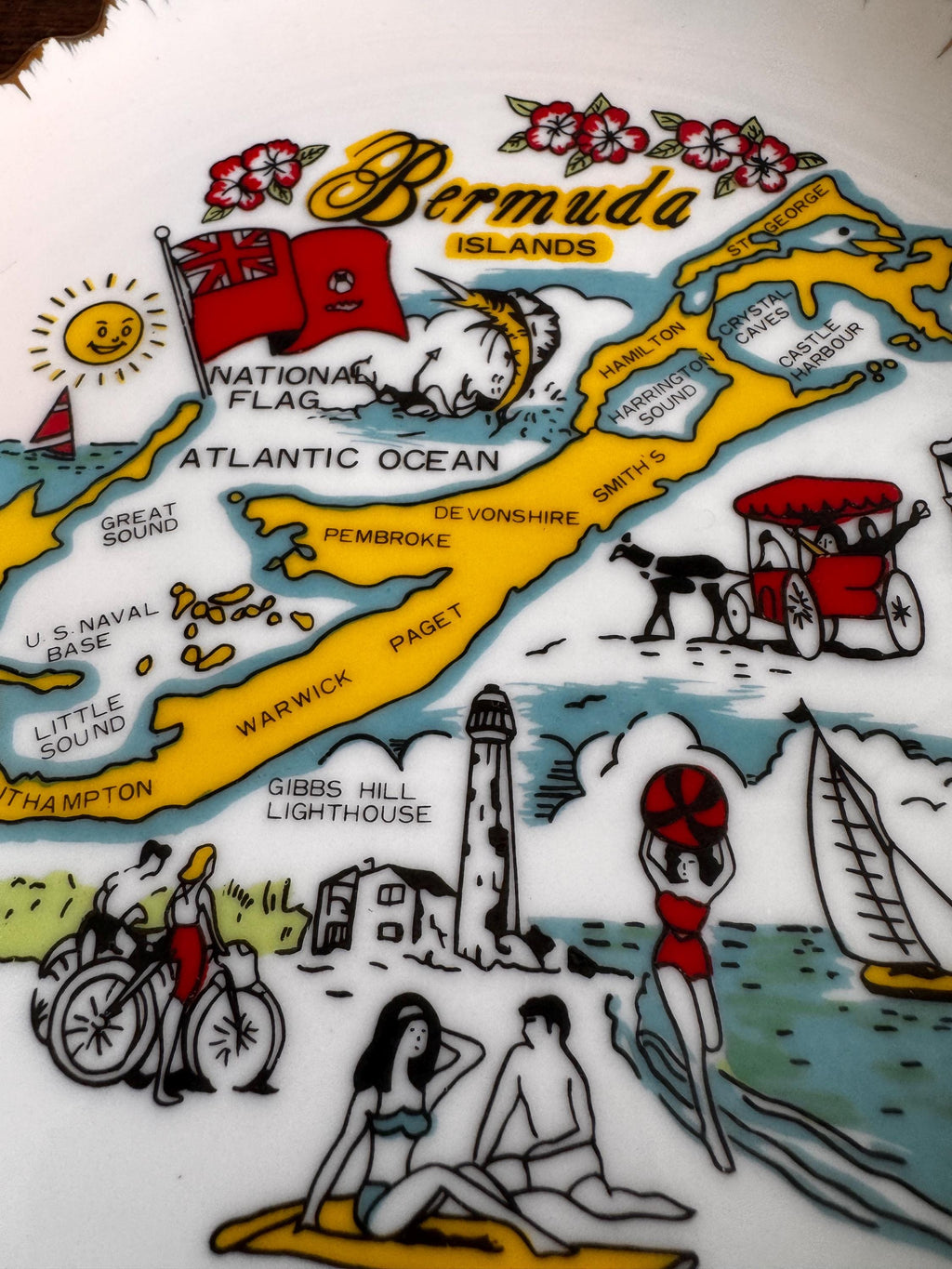 Bermuda Islands Decorative Plate Set with Vintage Map and Illustrations