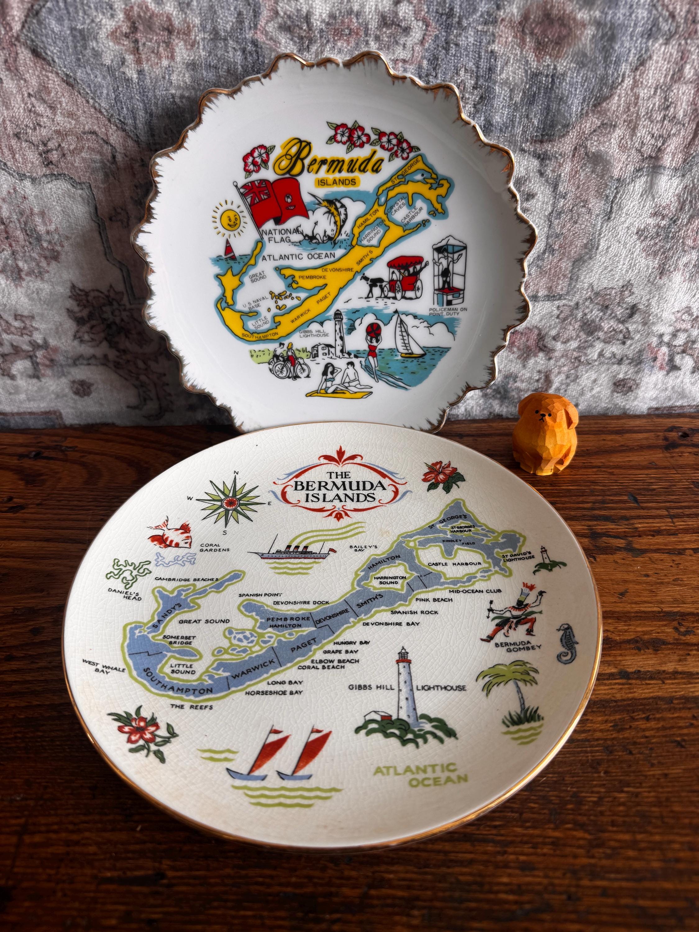 Bermuda Islands Decorative Plate Set with Vintage Map and Illustrations