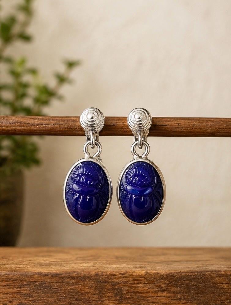 Blue Scarab Clip-On Earrings