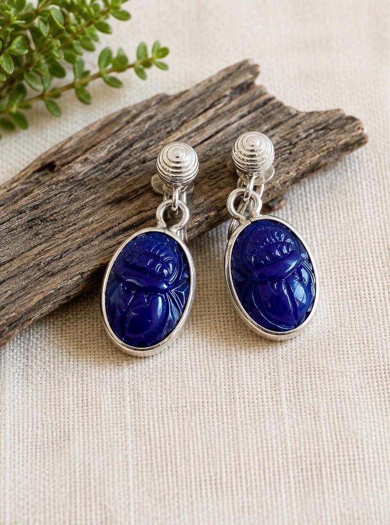 Blue Scarab Clip-On Earrings