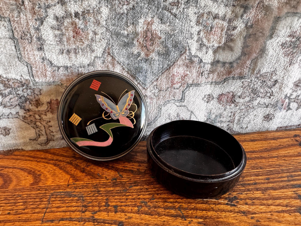 Decorative Black Lacquered Round Box with Butterfly Design