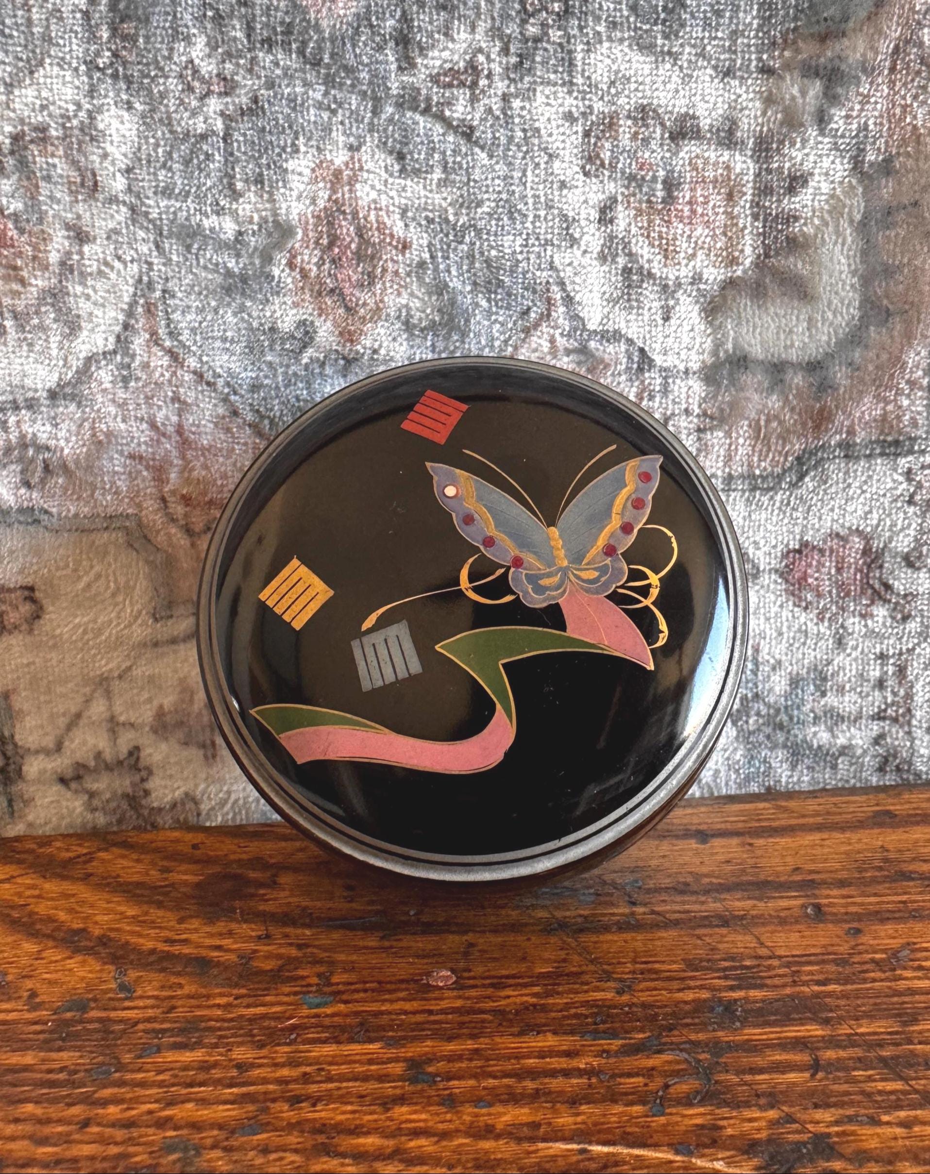 Decorative Black Lacquered Round Box with Butterfly Design