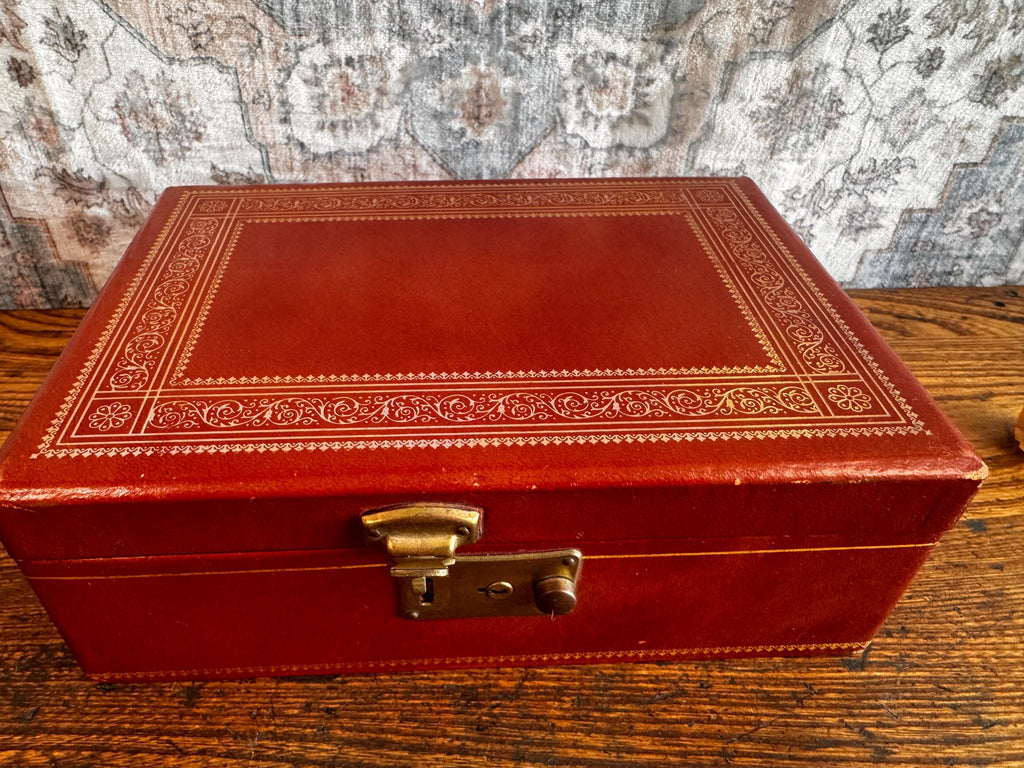 Vintage Red Leather Jewelry Box with Green Velvet Interior